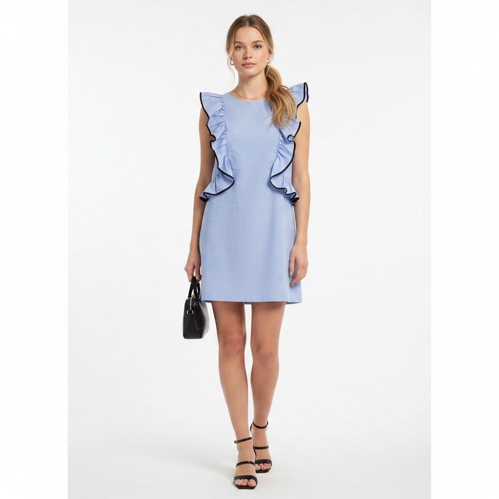 Zara Trafaluc Mini Dress XS Light Blue Ruffle Black Trim Romantic Preppy Y2K
